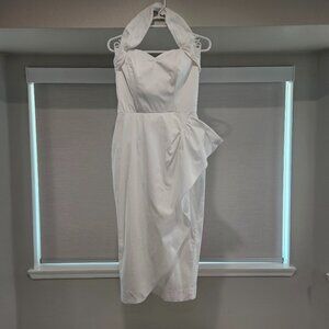 Vivien of Holloway White Cotton Sarong Dress, Size 14, Midi, Halter,Faux Wrap